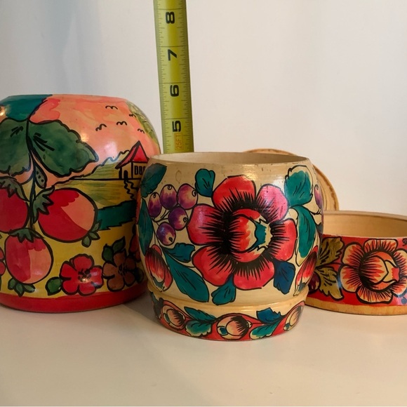 VTG Lot Russian USSR Wooden Folk Art Vase Canister Jar Lids Painted Marked READ - Picture 15 of 16